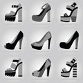 Women platform high heel shoes icons set on gray gradient background