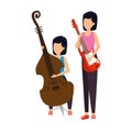 Women playing cello and electric guitar characters