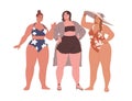 Women with plus-size curvy fat bodies. Plump chubby girls in bikini swimwear. Happy pretty chunky girlfriends standing Royalty Free Stock Photo