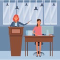 Women in a podium and office desk