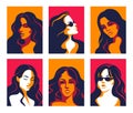 Women portrait. Trendy flat posters of multicultural diverse faces, minimalistic pop art elements. Vector set of Royalty Free Stock Photo