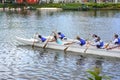 Women practicing rowing canoeing in the standing waters of Dique do Tororo in Salvador, Bahia