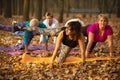 Women practicing yoga in autumn park, Ukraine. Chernihiv