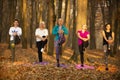 Women practicing yoga in autumn park, Ukraine. Chernihiv