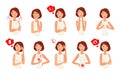 Women pregnancy signs icons set. Cartoon expected mother vector characters. Pregnant woman sickness, nausea isolated Royalty Free Stock Photo