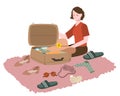 Women prepare clothes put suitcase for travel white isolated background with flat cartoon style
