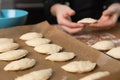 Women preparing homemade food pie, pizza in a cozzy kitchen. Hobbies and family life concept Royalty Free Stock Photo