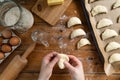 Women preparing homemade food pie, pizza in a cozzy kitchen. Hobbies and family life concept Royalty Free Stock Photo