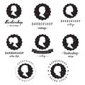 Women profiles silhouettes barbershop (hair salon) logo-badges vintage vector set. Hipster and retro style.