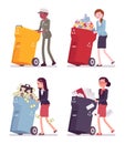 Women pushing trash bins