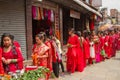 Women queueing with blessings at Teej festival, Durbar Square, K