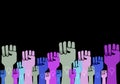 Women raised fists on black illustration