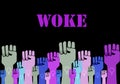 Women raised fists with Woke text on black illustration, women`s rights, power, solidarity and protest