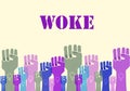 Women raised fists with Woke text illustration