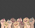 Women raised their hands. Blank template to create a banner or poster.