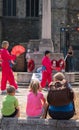 Women with red fans performing Tai Chi Royalty Free Stock Photo