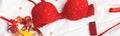 Women red lace lingerie with giftbox, flowers, make up items on white background, copuspace. Womens Day. Banner