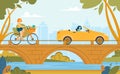 Women Riding Bike and Driving Car Summer Cartoon