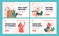 Women Daily Routine Landing Page Template Set. Young Female Characters Hygiene front of the Mirror, Vector Illustration