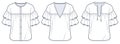 Women Ruffle Blouse technical fashion Illustration. Set of Blouses fashion flat technical drawing template, v-neck, round neck