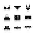 Women`s accessories drop shadow black icons set