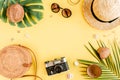 Women`s accessories traveler on yellow background with blank space for text. Top view travel or vacation concept. Summer Royalty Free Stock Photo