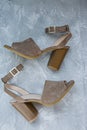 Women`s beige sandals. Summer footwear. Light background. Background under the concrete Royalty Free Stock Photo