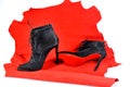 Women`s black ankle boots handmade on a piece of material from the red skin.