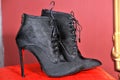 Women`s black fur, ankle boots handmade. Imitation brand shoes