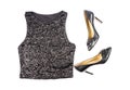 Women's Black Sequence Tank Top and Stilettos Shoes Isolated on White