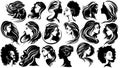 Women\'s black and white silhouettes with cute hairstyles. Set2