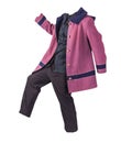 Women`s black white sriped pants, autumn woolen pink coat with dark blue hood and black blouse isolated on a white background
