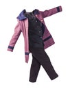 Women`s black white sriped pants, autumn woolen pink coat with dark blue hood and black blouse isolated on a white background