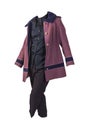 Women`s black white sriped pants, autumn woolen pink coat with dark blue hood and black blouse isolated on a white background