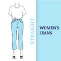 Women`s blue jeans with straight silhouette, Shortened, high-waisted pants Royalty Free Stock Photo