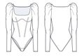 Women`s Bodysuit fashion flat technical drawing template. Long Sleeve Bodysuit with square neckline fashion Cad, front and back