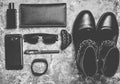 Women& x27;s boots, accessories, gadgets for a business lady layout Royalty Free Stock Photo