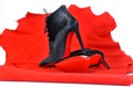 Women`s boots handmade on a piece of material from the red skin. Imitation brand shoes