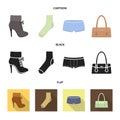 Women`s boots, socks, shorts, ladies` bag. Clothing set collection icons in cartoon,black,flat style vector symbol stock