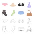 Women`s boots, socks, shorts, ladies` bag. Clothing set collection icons in cartoon,outline style vector symbol stock