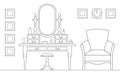 Women`s boudoir. Room in a linear style. Vector illustration executed by a stroke