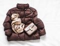 Women`s brown down jacket, cashmere scarf, leather shoulder bag on a light background, top view. Autumn, winter women`s clothing Royalty Free Stock Photo