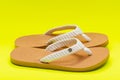 Women`s Causal Braided natural color Beach Day Flip Flops isolated on bright yellow