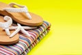 Women`s Causal Braided natural color Beach Flip Flops and Colorful Striped Beach Towels decorated with White Finger Starfish