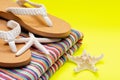 Women`s Causal Braided natural color Beach Flip Flops and Colorful Striped Beach Towels decorated with White Finger Starfish