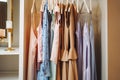 Women`s clothing dresses and blouses on hangers in a dressing room or store Royalty Free Stock Photo