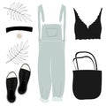 Womens clothing, footwear and accessories. Layout of objects. A set of icons, stickers. Minimalism. Contemporary casual style.