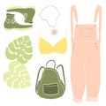 Womens clothing, footwear and accessories. Layout of objects. A set of icons, stickers. Minimalism. Contemporary casual style.