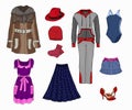 Women's clothing. Outdoor clothing, footwear, headgear.