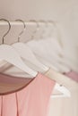 Women`s clothing in pink tones on a white hanger. Royalty Free Stock Photo